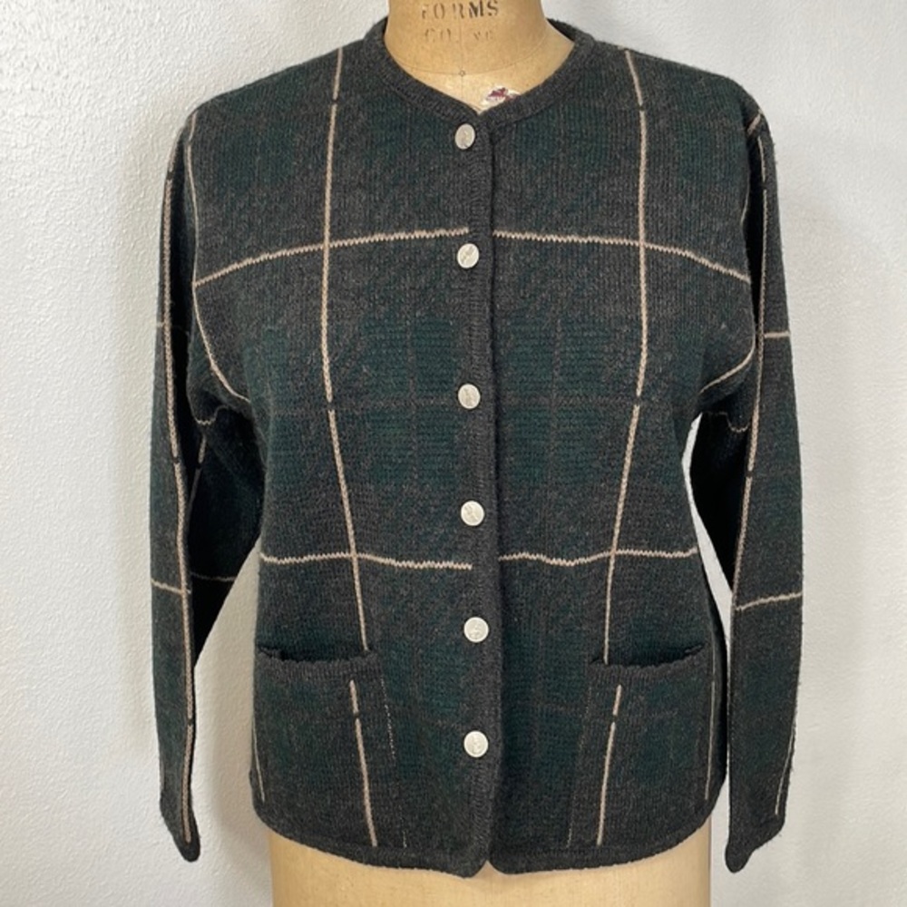 Tally Ho dark green and tan plaid cardigan